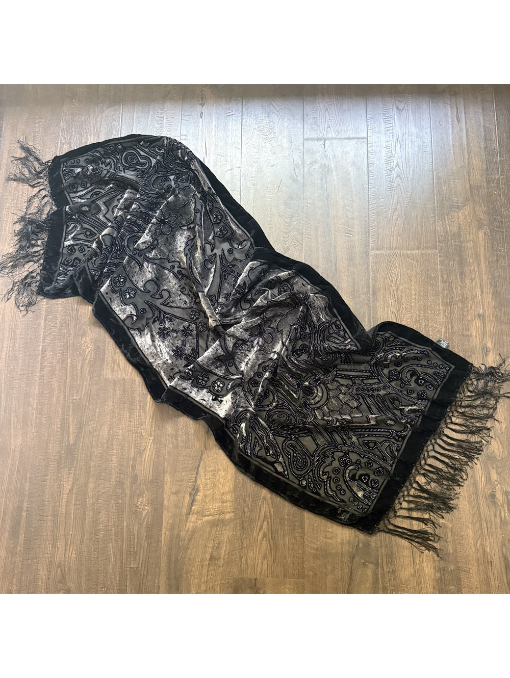 Vintage Silk Velvet Beaded Burnout Scarf Black Silver Art Deco Fringe Shawl